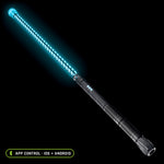 Contact Saber Kit in the Butterfly pattern, lit blue: 24 inch Butterfly saber tube with a clear Silicone Saber Cap at the tip on the RGB Critter BT light engine, controlled from the app on iOS and Android