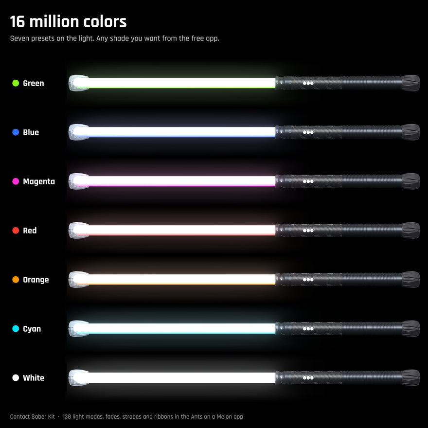 Contact Saber lit in green, blue, magenta, red, orange, cyan and white