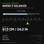 Contact Saber Kit Forward Balance balance point diagram with a to-scale centimetre and inch ruler: balance point 61 cm / 24 in from the blade tip, 91.1 cm overall, 607 g assembled