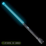 Contact Saber Kit Forward Balance in the Butterfly pattern, lit blue: 24 inch Butterfly saber tube with a clear Silicone Saber Cap at the tip on the RGB Critter BT light engine, controlled from the app on iOS and Android