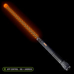 Contact Saber Kit Forward Balance in the Honeycomb pattern, lit orange: 24 inch Honeycomb saber tube with a clear Silicone Saber Cap at the tip on the RGB Critter BT light engine, controlled from the app on iOS and Android