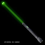 Contact Saber Kit Forward Balance in the Stellar pattern, lit green: 24 inch Stellar saber tube with a clear Silicone Saber Cap at the tip on the RGB Critter BT light engine, controlled from the app on iOS and Android