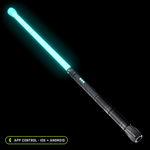 Contact Saber Kit lit cyan: 24 inch saber tube with a clear Flow Cap at the tip, RGB Critter BT handle with two Saber Hilt Extensions and the Flow Cap Counterweight Kit under a black Flow Cap at the rear