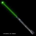 Contact Saber Kit in the Stellar pattern, lit green: 24 inch Stellar saber tube with a clear Silicone Saber Cap at the tip on the RGB Critter BT light engine, controlled from the app on iOS and Android