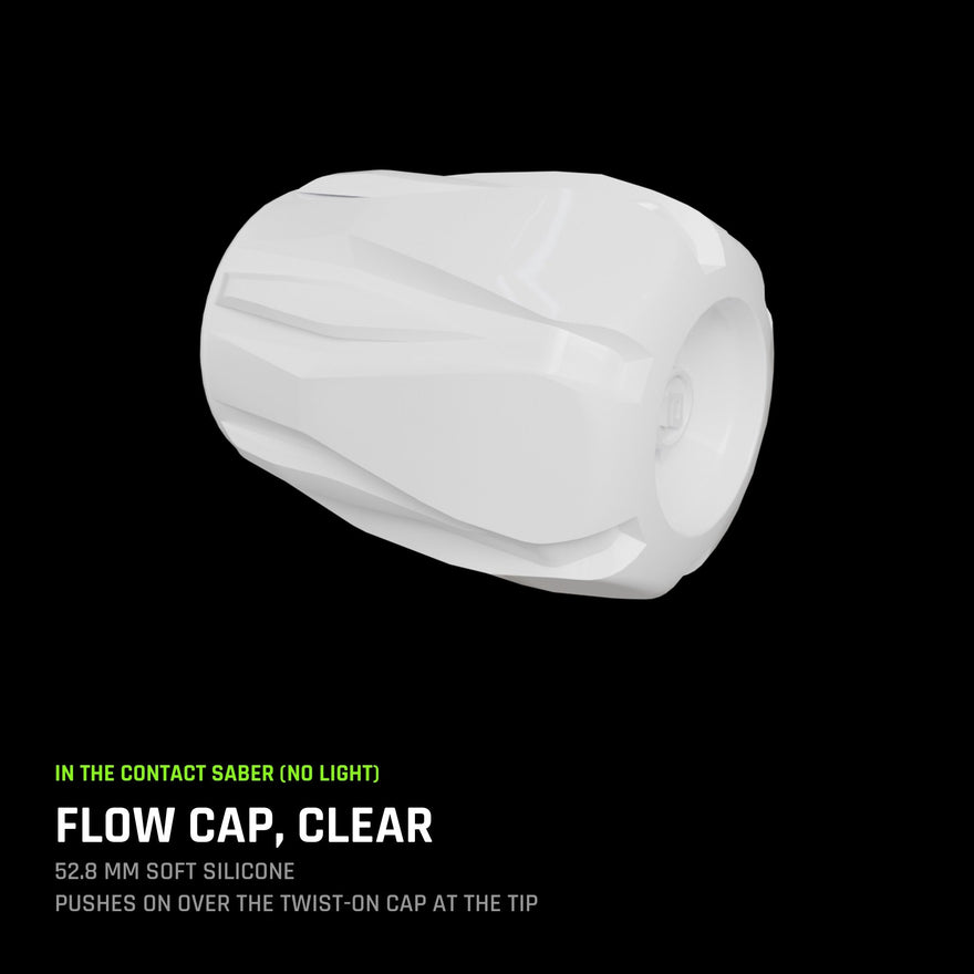 Silicone Saber Cap, Clear: soft silicone, pushes on over the Twist-On Cap at each tube tip. Two in the box.