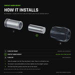 Exploded view to scale: the Contact Saber Weight slides into the bore of a Flow Cap Mount, which is sold separately and is drawn here with its two O-rings fitted, the mount&