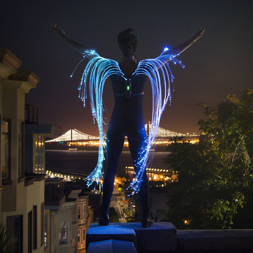 Fiber optic wings made with the Fiber Optic Costume Kit, worn at night above the Bay Bridge. Wings by Natalie Walsh; harness and bodysuit not included.