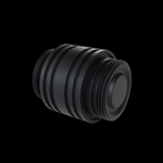 Critter Connector anodized-black aluminum adapter on black, three-quarter view showing the ribbed body and dual AOAM saber threads