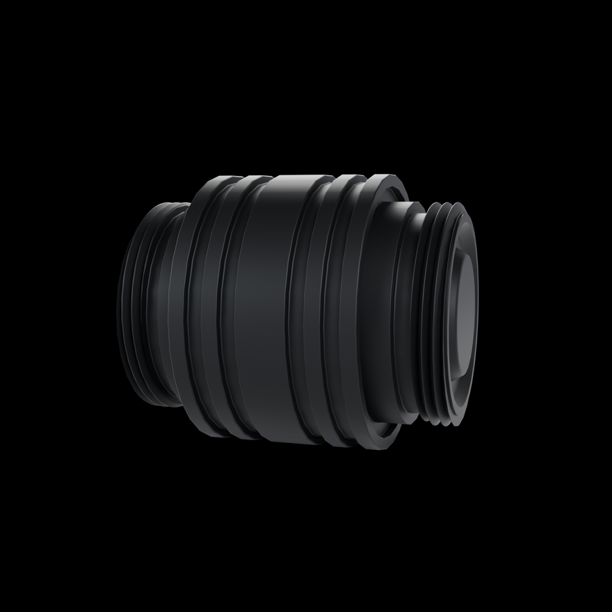Critter Connector profile view on black showing the ribbed barrel and male AOAM saber threads on both ends