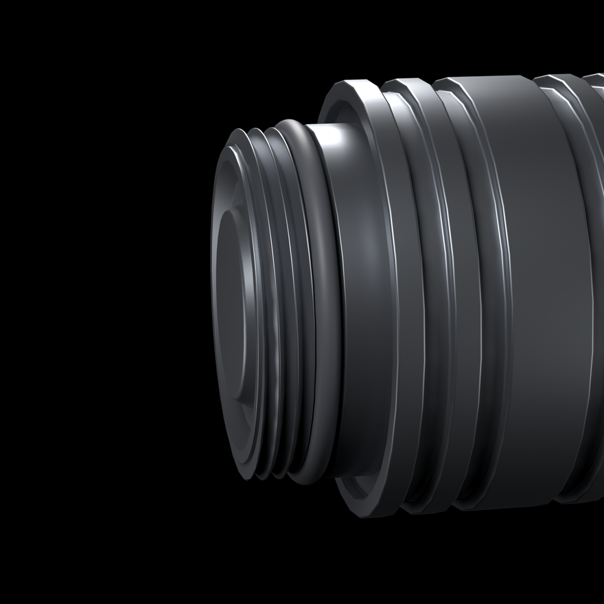 Close-up of the Critter Connector showing one of the two O-rings seated in its groove behind the male saber thread