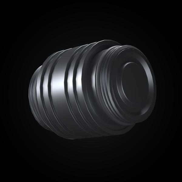 Critter Connector anodized-black aluminum adapter on black, three-quarter view showing the ribbed body, dual AOAM saber threads and the two fitted O-rings