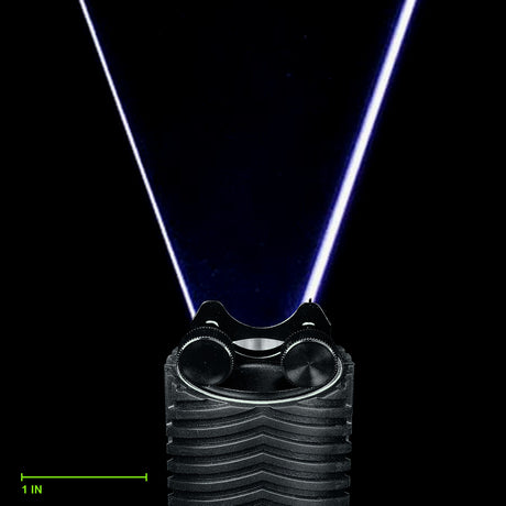 Crown Jewel Blade clamped in the Light Painting Blade Holder on an RGB Critter BT Light Engine, thumbscrews tightened, shown to scale. Blade is 9 in (23 cm) long