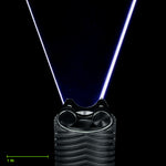 Crown Jewel Blade clamped in the Light Painting Blade Holder on an RGB Critter BT flashlight, thumbscrews tightened, shown to scale. Blade is 9 in (23 cm) long