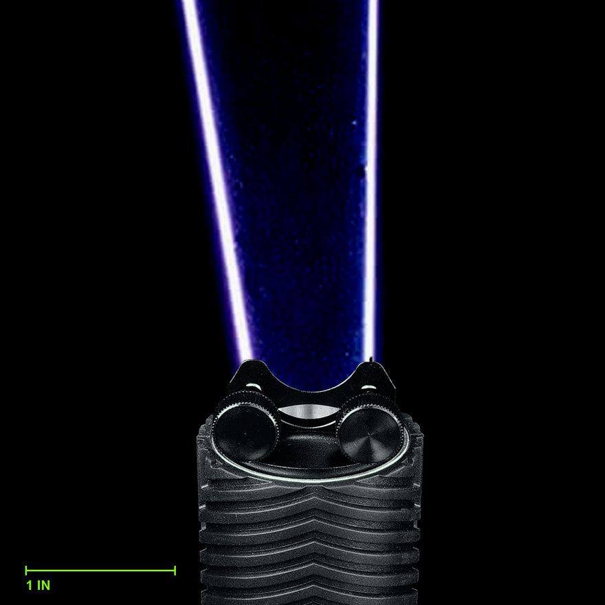 Digital Feather Blade (Short) clamped in the Light Painting Blade Holder on an RGB Critter BT flashlight, thumbscrews tightened, shown to scale. Blade is 9 in (23 cm) long