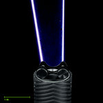 Digital Feather Blade (Short) clamped in the Light Painting Blade Holder on an RGB Critter BT flashlight, thumbscrews tightened, shown to scale. Blade is 9 in (23 cm) long