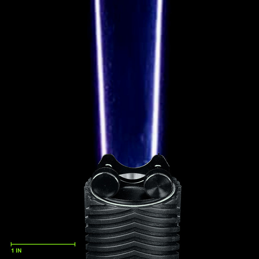 Digital Feather Blade (Long) clamped in the Light Painting Blade Holder on an RGB Critter BT flashlight, thumbscrews tightened, shown to scale. Blade is 15 in (38 cm) long