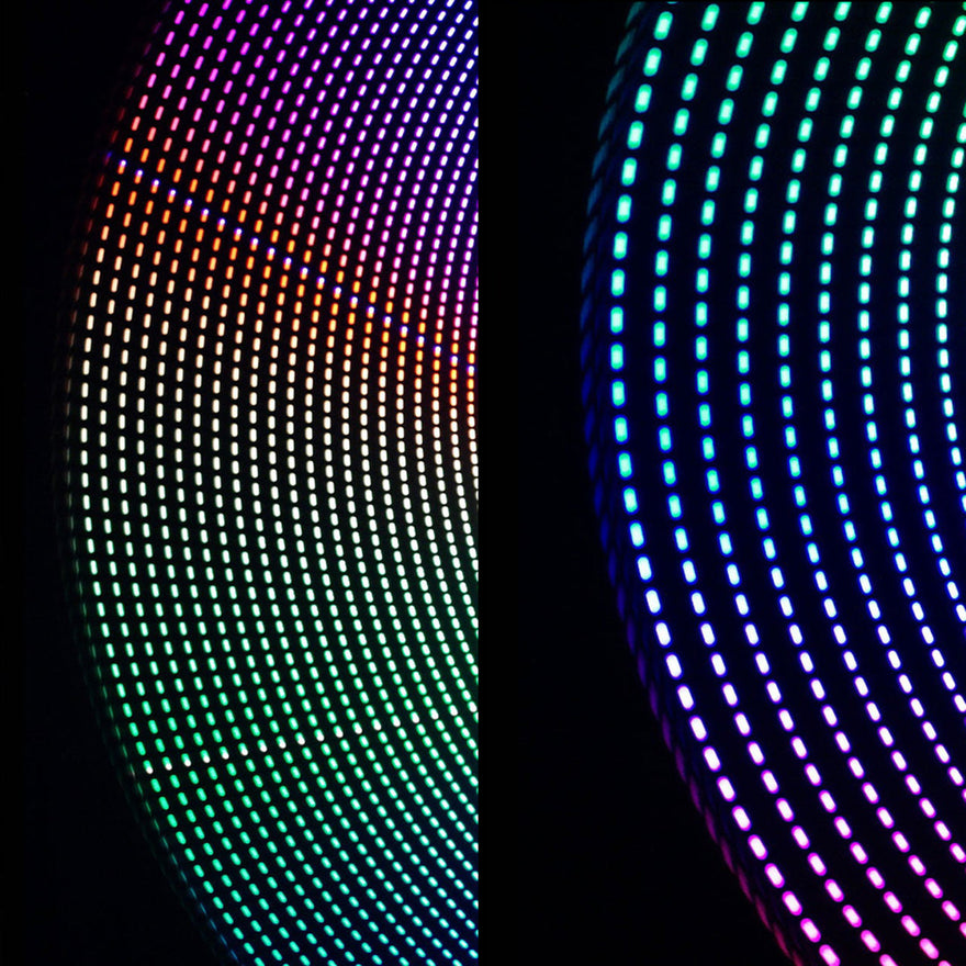 Two real light painting trails made with the Dots Combo Light Painting Tube: side 1 on the left, side 2 on the right, each spun in a circle on black.