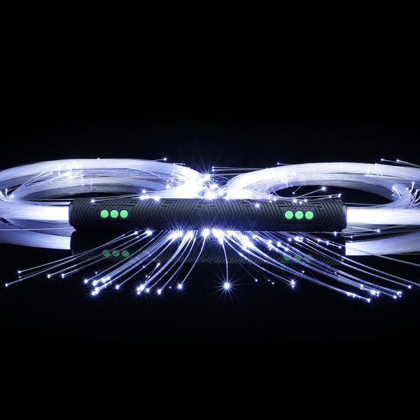 Double-ended fiber optic whip with two RGB Critter BT flashlights, glowing in vibrant colors—perfect for festival flow arts and high-energy performances.