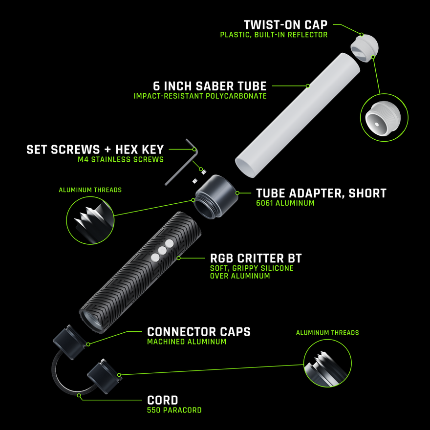 One Saber Chuck pulled apart, each part labeled with its material: Twist-On Cap, plastic with a built-in flat mirror reflector (close-up shown); 6 inch saber tube, impact-resistant polycarbonate; Tube Adapter Short, 6061 aluminum, threaded neck (close-up shown); two M4 stainless set screws and a hex key; RGB Critter BT, soft, grippy silicone over aluminum; connector caps, machined aluminum, threaded (close-up shown); cord, 550 paracord