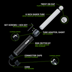 One Saber Chuck pulled apart, each part labeled with its material: Twist-On Cap, plastic with a built-in flat mirror reflector (close-up shown); 6 inch saber tube, impact-resistant polycarbonate; Tube Adapter Short, 6061 aluminum, threaded neck (close-up shown); two M4 stainless set screws and a hex key; RGB Critter BT, soft, grippy silicone over aluminum; connector caps, machined aluminum, threaded (close-up shown); cord, 550 paracord