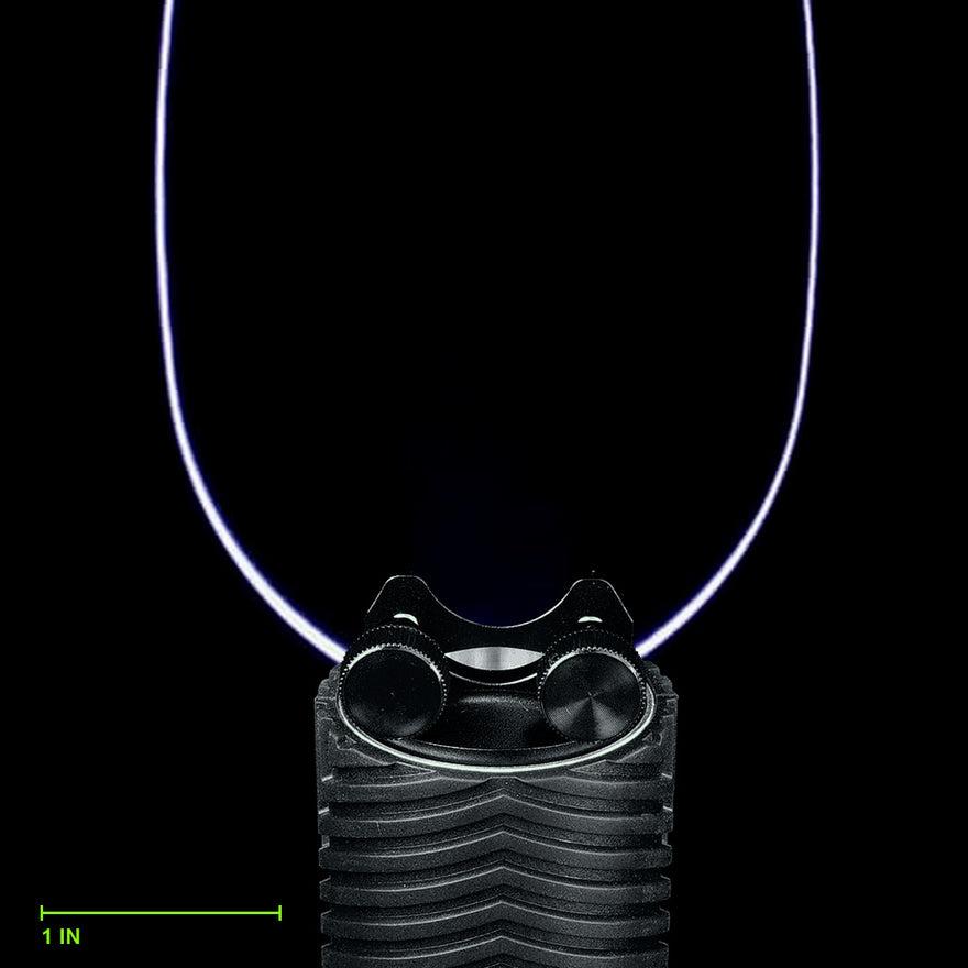 Feather Blade clamped in the Light Painting Blade Holder on an RGB Critter BT flashlight, thumbscrews tightened, shown to scale. Blade is 8 in (20 cm) long