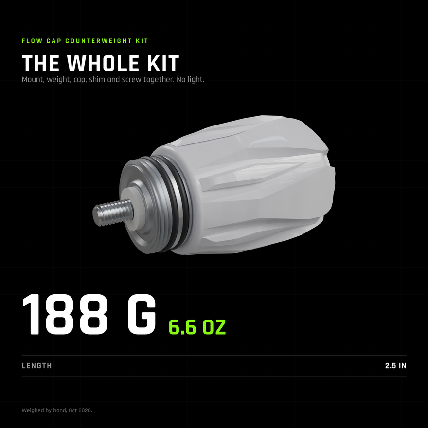 Flow Cap Counterweight Kit, all five pieces weighed together with no light attached: 188 g (6.6 oz), 2.5 in long.