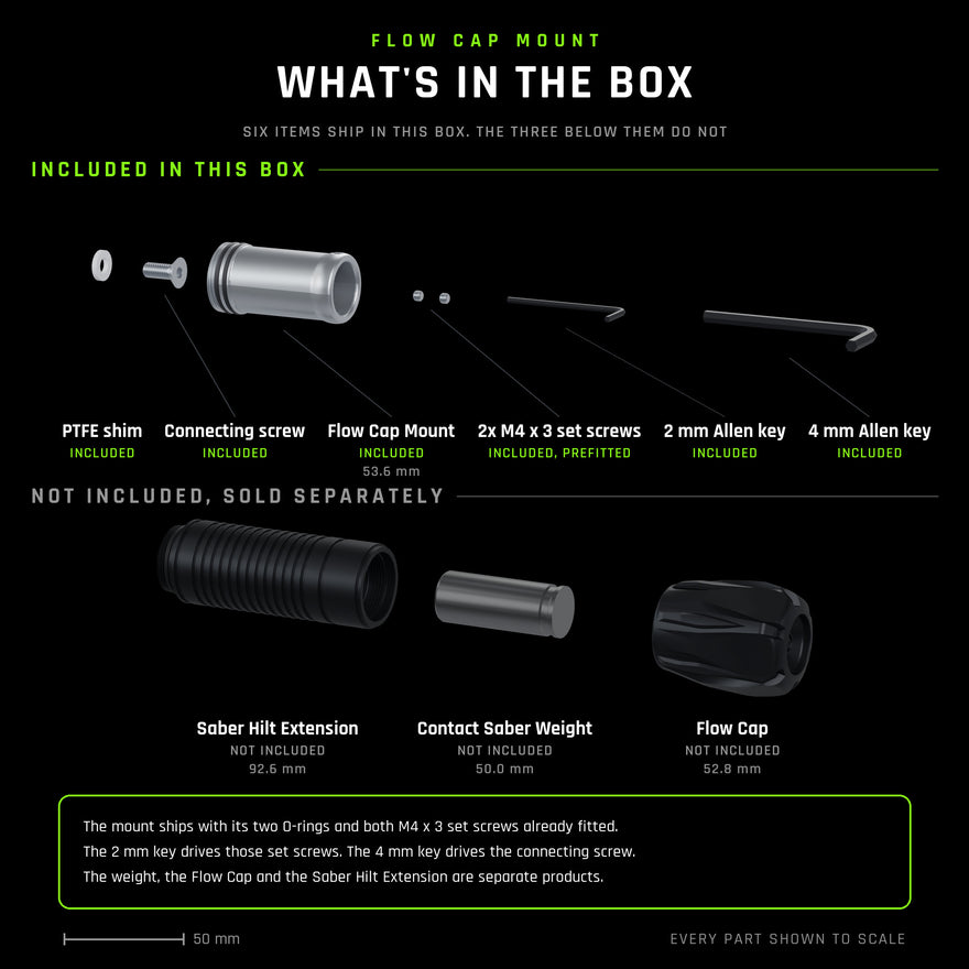 What is in the Flow Cap Mount box and what is not, every part shown to scale. Included: the Flow Cap Mount with its two O-rings, shown fitted in their grooves, and both M4 x 3 stainless set screws already fitted, the PTFE shim, the stainless connecting screw, the 2 mm Allen key for the set screws and the 4 mm Allen key for the connecting screw. Not included, sold separately: the Saber Hilt Extension, the Contact Saber Weight and the Flow Cap.