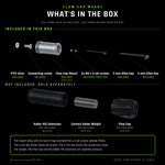 What is in the Flow Cap Mount box and what is not, every part shown to scale. Included: the Flow Cap Mount with its two O-rings, shown fitted in their grooves, and both M4 x 3 stainless set screws already fitted, the PTFE shim, the stainless connecting screw, the 2 mm Allen key for the set screws and the 4 mm Allen key for the connecting screw. Not included, sold separately: the Saber Hilt Extension, the Contact Saber Weight and the Flow Cap.