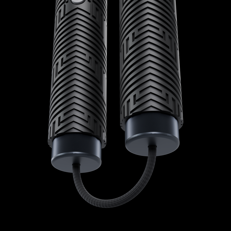 Close-up of the aluminum connector caps and 3 inch paracord between the two Saber Chuck handles