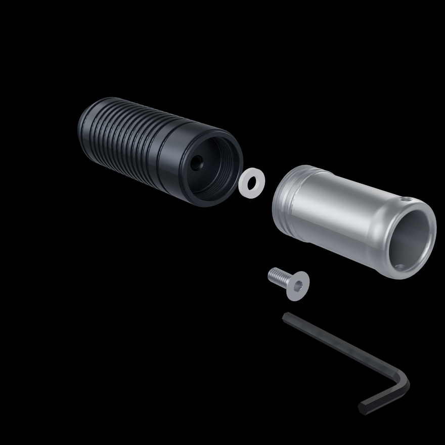 Included hardware and how the joint works: the Saber Hilt Extension, the PTFE shim and the Flow Cap Mount exploded in order, with the stainless connecting screw and the included 4mm Allen key below. The screw and shim semi-permanently join the mount to the hilt extension until the screw is removed.