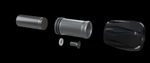 What is in the Flow Cap Counterweight Kit box: the stainless Contact Saber Weight, the aluminium Flow Cap Mount with its 2 O-rings and 2 M4 x 3 set screws already installed, the PTFE shim and the stainless connecting screw shown in their assembly orientation on the build axis, and the Flow Cap