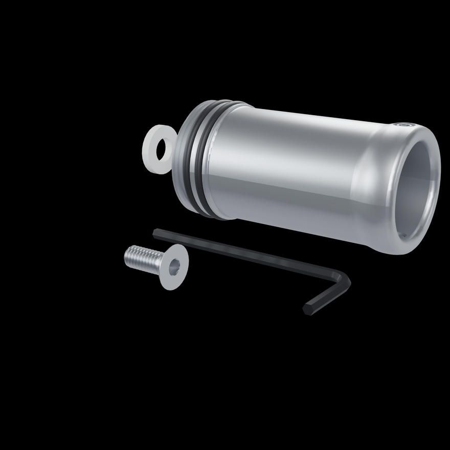 What is in the box: the Flow Cap Mount with both O-rings and both M4 x 3 set screws fitted, the PTFE shim seated square to the build axis at the mount&