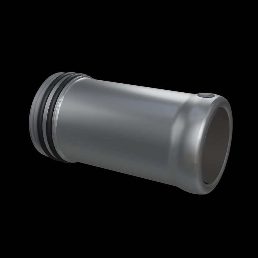 Flow Cap Counterweight System assembled, showing the aluminium mount with its 2 O-rings fitted and the bare rear seat with no Flow Cap