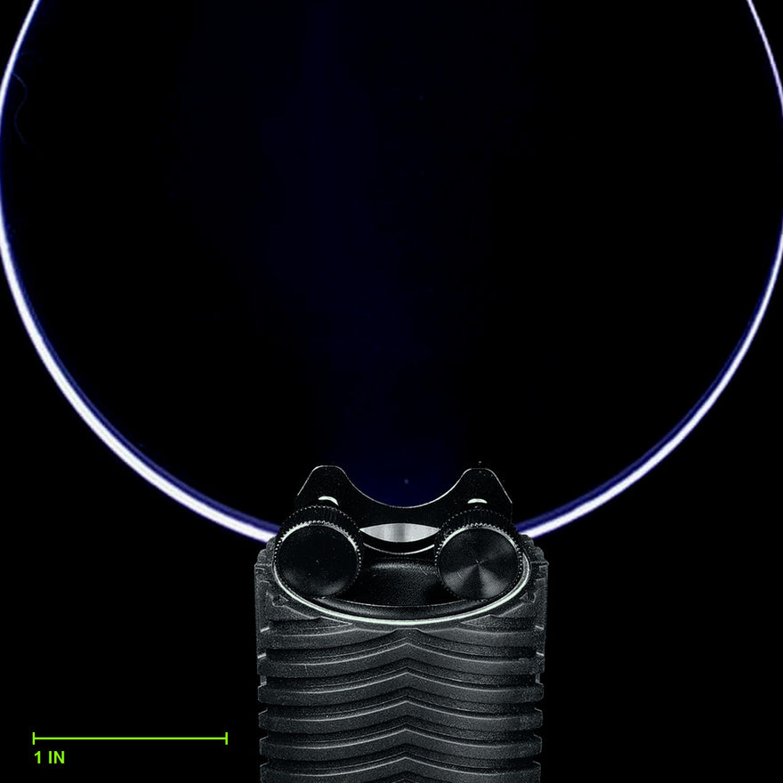 Flower Flames Blade clamped in the Light Painting Blade Holder on an RGB Critter BT flashlight, thumbscrews tightened, shown to scale. Blade is 7 in (18 cm) long