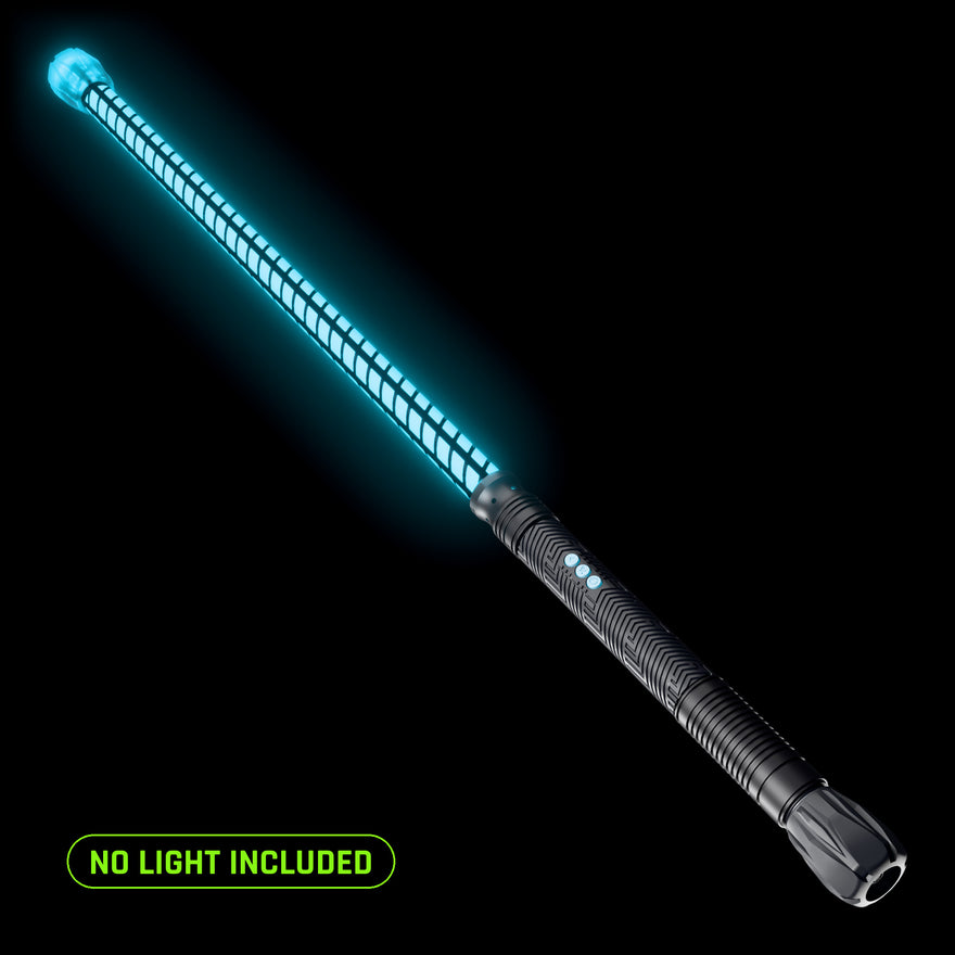 Forward Balance Contact Saber (No Light) in the Butterfly pattern, lit blue, shown on an RGB Critter BT light engine. No light included; it runs on the Critter you already own.