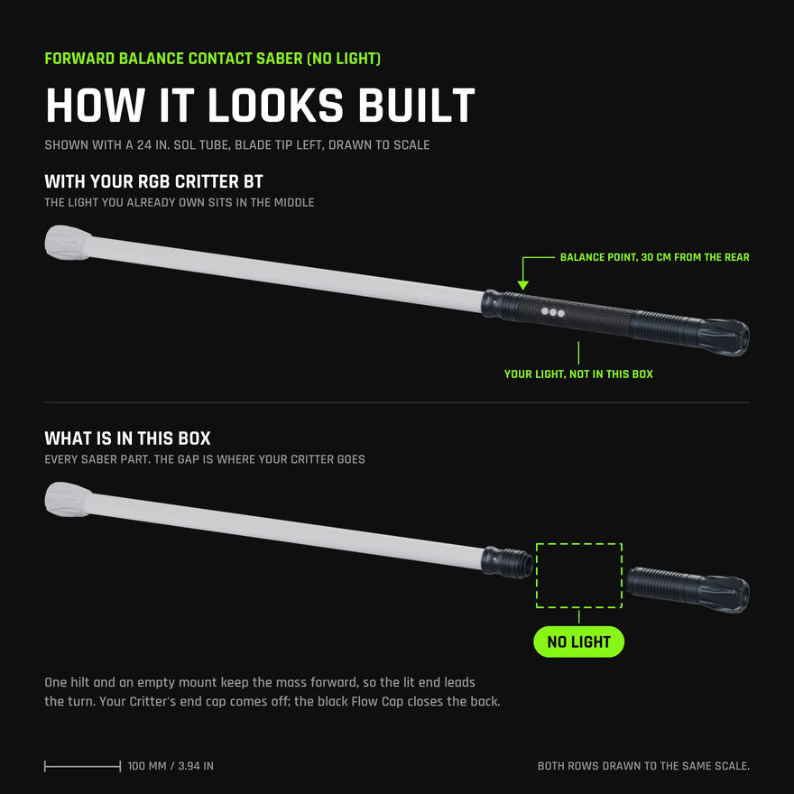 Forward Balance Contact Saber (No Light) built, with your RGB Critter BT and without it; the gap is where your Critter goes. Balance point marked.