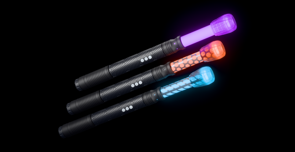 Sol, Honeycomb and Butterfly sabers lit purple, orange and cyan