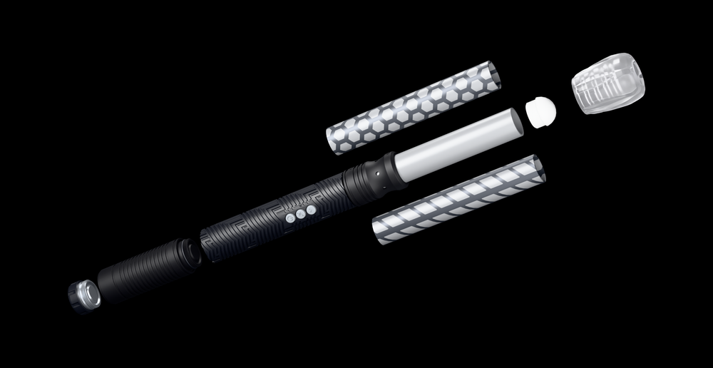 RGB Critter saber pulled apart, with Honeycomb and Butterfly tubes to swap in