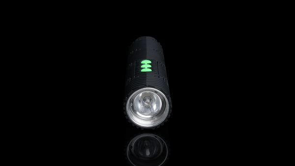RGB Critter BT flashlight standing upright on black, lens forward, three green control buttons
