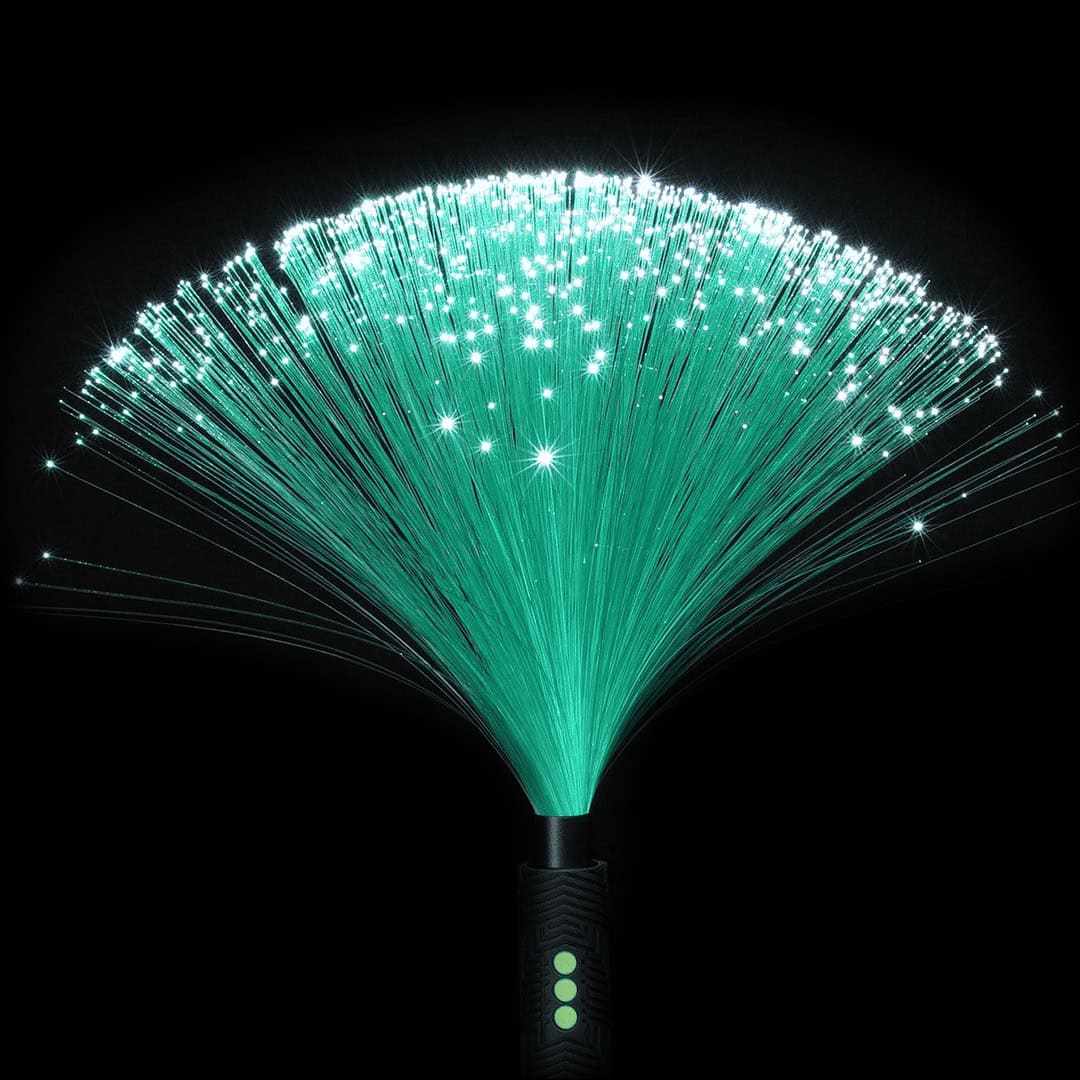 Green fiber optic Light Painting Duster with light-up ends, designed for flow arts, light trail creation, and artistic performances at festivals like Burning Man.