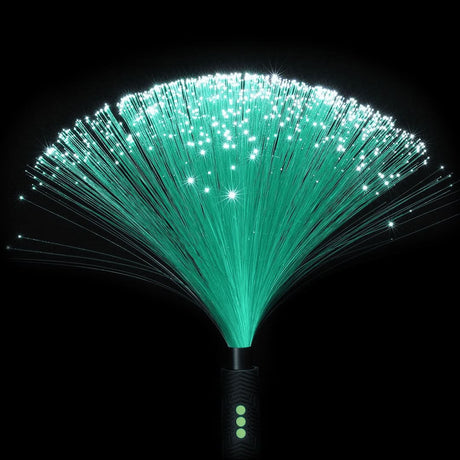  Green fiber optic Light Painting Duster with light-up ends, designed for flow arts, light trail creation, and artistic performances at festivals like Burning Man. 