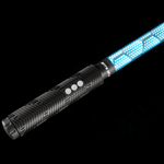 Close-up of the Hive Saber Accessory connected to an RGB Critter BT flashlight, showcasing its unique design for flow arts, light painting, and festivals like Burning Man.