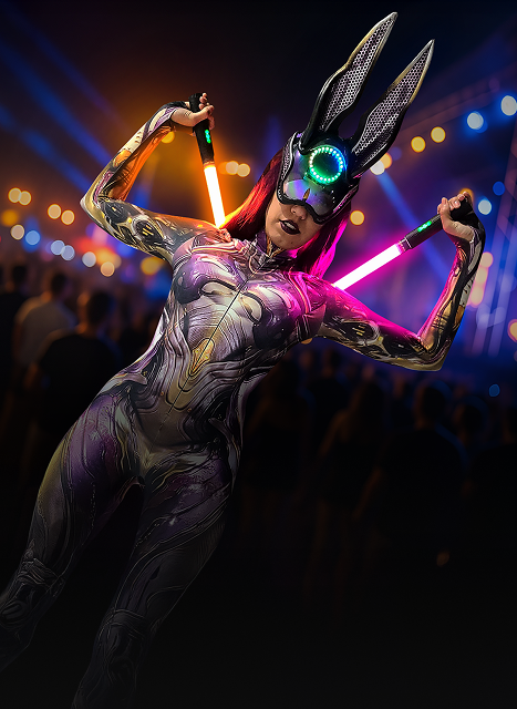 Flow arts performer with glowing props