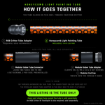 Exploded view of the Honeycomb Light Painting Tube, drawn to scale with an 8 inch tube. Top: the RGB Critter Tube Adapter, socket facing the tube, then the tube showing its orange honeycomb lattice. Below, the two add-ons that fit it: the Modular Saber Tube Connector joining two tubes end to end, and the Modular Saber Tube Adapter clamping on to add a thread that takes the Modular End Cap. This tube has no threads, so the Saber Twist-On Cap does not fit. Tube only, every other part sold separately.