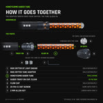 How the Honeycomb Saber Tube goes together, to scale. Assembled: an RGB Critter BT Light Engine with the RGB Critter Tube Adapter twisted on, the tube seated in its socket, light ports glowing, and the Clear Saber Twist-On Cap in the tip. Below: the Critter and adapter (sold separately), the tube, the Clear Twist-On Cap in the box, the Flow Cap (sold separately), and the adapter&