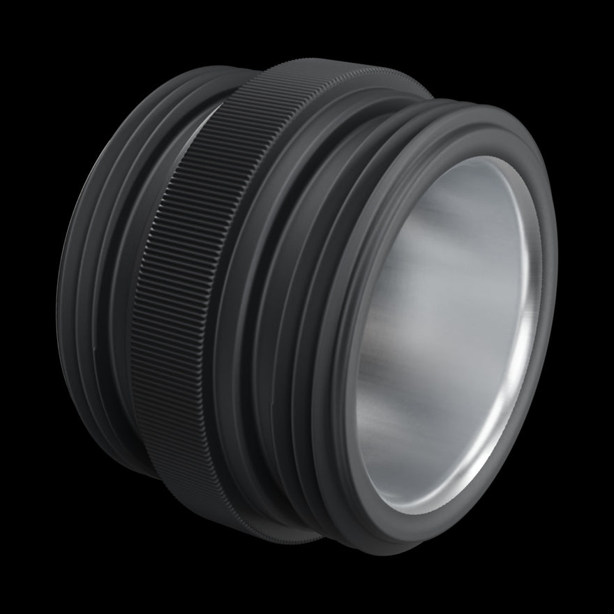 Inverse Critter Connector, three-quarter view: matte black anodized body with knurled band and polished bore, on black.
