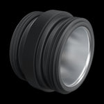 Inverse Critter Connector, three-quarter view: matte black anodized body with knurled band and polished bore, on black.