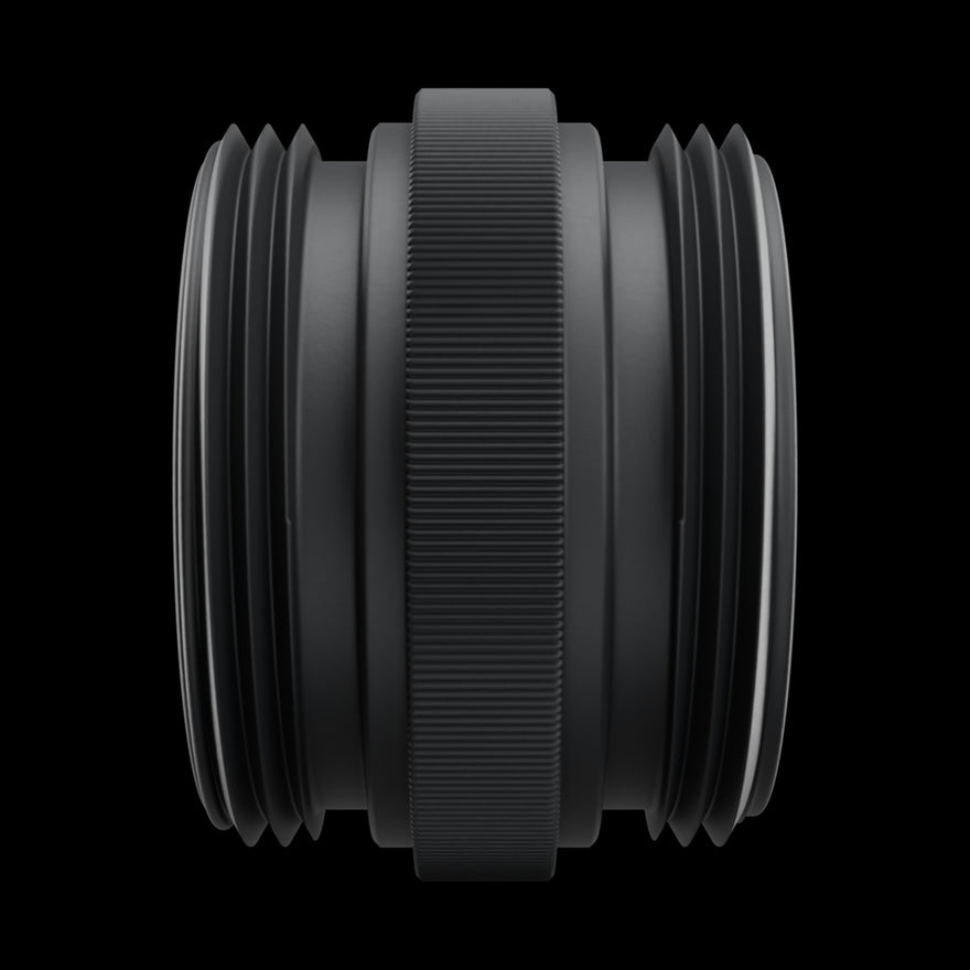 Inverse Critter Connector, side view, matte black anodized aluminum, on black.