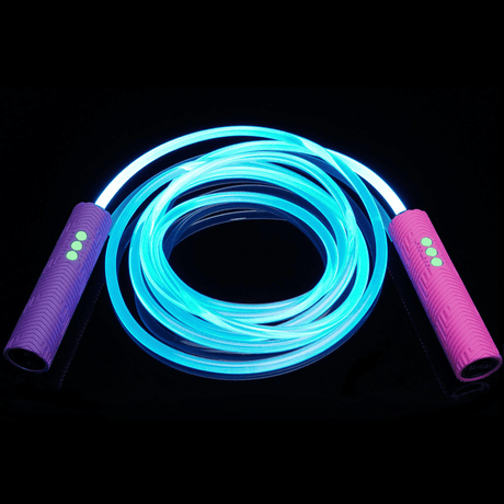  Jupiter Jump Rope in blue, powered by two RGB Critter BT flashlights, designed for high-impact flow arts and dynamic light performances. 
