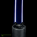 Katana Blade clamped in the Light Painting Blade Holder on an RGB Critter BT flashlight, thumbscrews tightened, shown to scale. Blade is 18 in (46 cm) long
